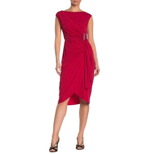 London Times Stretch Shirred Ruched Rhinestone Brooch Dress Cranberry Red Size 2